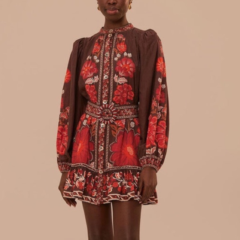 SOLD FARM Rio Gigi Tapestry Brown Mini Dress Beaded Buckle Red Floral Size L - Picture 2 of 16